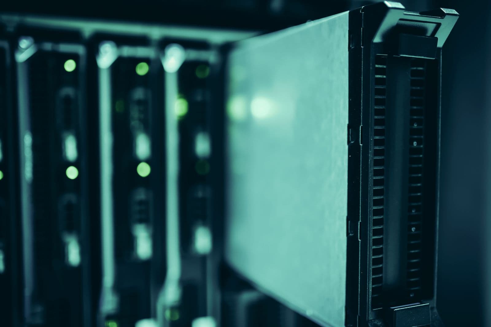 Close-up of a server drive bay, representing the computing hardware Philtek Surveillance sources